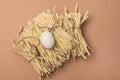 Homemade Drying Wheat Noodles with Raw Egg on Light Brown Background Top View Horizontal