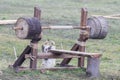 Homemade dumbbels made of the wood outdoors