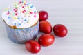 Homemade Easter cake and painted eggs on the table Royalty Free Stock Photo