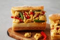 Homemade Easter Pepper and Egg Sandwich on a rustic wooden board, low angle view. Close-up Royalty Free Stock Photo