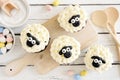 Homemade Easter sheep cupcakes, overhead view table scene on white wood