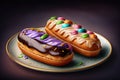 Homemade eclair with icing and sprinkles on a plate. Holiday baking. Generative AI Royalty Free Stock Photo