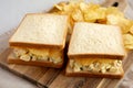 Homemade Egg Salad Sandwich with Potato Chips on a wooden board, side view Royalty Free Stock Photo