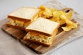 Homemade Egg Salad Sandwich with Potato Chips on a wooden board, side view Royalty Free Stock Photo