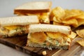 Homemade Egg Salad Sandwich with Potato Chips on a wooden board, side view. Close-up Royalty Free Stock Photo