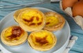 Homemade egg tart or Portugal egg tart sweet custard cream on white dish