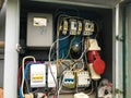 Homemade electrical panel. wires and special meters in white. switches, automatic machines in yellow. electricity with your own