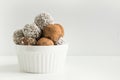 Homemade energy balls with cacao, coconut. Healthy food for children, sweets substitute.