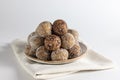 Homemade energy balls with dried apricots, raisins, dates, prunes, walnuts, almonds and coconut. Healthy sweet food. Energy balls Royalty Free Stock Photo