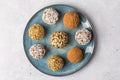 Homemade energy balls of dried fruits, nuts and oatmeal. Top view