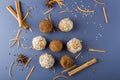 Homemade energy protein balls with  carrot, nuts, coconut flakes. Raw food desserts. Healthy vegetarian snack,  candies for Royalty Free Stock Photo