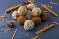 Homemade energy protein balls with  carrot, nuts, coconut flakes. Raw food desserts. Healthy vegetarian snack,  candies for Royalty Free Stock Photo