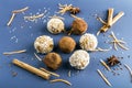 Homemade energy protein balls with  carrot, nuts, coconut flakes. Raw food desserts. Healthy vegetarian snack,  candies for Royalty Free Stock Photo