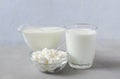 Homemade fermented beverage in a glass - kefir, cottage cheese, on a white background. Sour milk drink, yeast for yeast