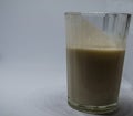 Homemade fermented beverage in a glass - kefir, cottage cheese, on a white background. Sour milk drink, yeast for yeast