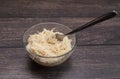 Homemade Fermented Celeriac Salad In Glass Bowl, Fork. Preserved Vegetable On Table Royalty Free Stock Photo