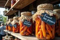 Homemade fermented hot peppers in rustic jars on display shelf Royalty Free Stock Photo