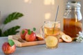 Homemade fermented kombucha or cider with apple slices and ice in a glass. A healthy probiotic refreshing non-alcoholic