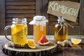 Homemade fermented raw kombucha tea with different flavorings. Healthy natural probiotic flavored drink. Copy space. Royalty Free Stock Photo