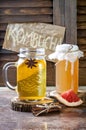 Homemade fermented raw kombucha tea with different flavorings. Healthy natural probiotic flavored drink. Copy space. Royalty Free Stock Photo