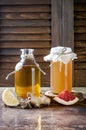 Homemade fermented raw kombucha tea with different flavorings. Healthy natural probiotic flavored drink. Copy space. Royalty Free Stock Photo