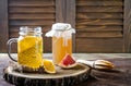 Homemade fermented raw kombucha tea with different flavorings. Healthy natural probiotic flavored drink. Copy space. Royalty Free Stock Photo