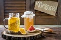 Homemade fermented raw kombucha tea with different flavorings. Healthy natural probiotic flavored drink. Copy space. Royalty Free Stock Photo