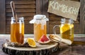 Homemade fermented raw kombucha tea with different flavorings. Healthy natural probiotic flavored drink. Copy space. Royalty Free Stock Photo