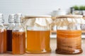 Homemade fermented raw kombucha tea, variety of flavors in bottles and glass jars Royalty Free Stock Photo