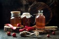 Homemade fermented strawberry and rhubarb kombucha. Healthy natural probiotic flavored drink.