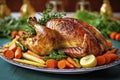 Homemade festive baked turkey for Thanksgiving with vegetables, AI Generated