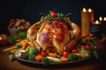 Homemade festive baked turkey for Thanksgiving with vegetables, AI Generated