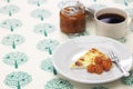 Homemade finnish squeaky cheese with cloudberry jam and coffee Royalty Free Stock Photo