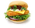 homemade fish burger with cheese, vegetables, and tartar sauce Royalty Free Stock Photo
