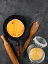 Homemade flatbread meal frying pan corn flour rolling pin. Handmade mexican tortilla wrapping Traditional latin cornmeal Royalty Free Stock Photo