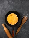 Homemade flatbread meal frying pan corn flour rolling pin. Handmade mexican tortilla wrapping Traditional latin cornmeal Royalty Free Stock Photo