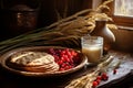 Homemade flatbreads with fresh berries and wheat sheaves on rustic countryside table setting