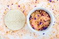 Homemade floral bath salts foot soak, fizzies, exfoliation scrub with dead sea salt, essential oil and dry flower petals