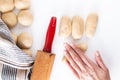 Homemade food concept process braiding bread braid challah dough on white background with copy space Royalty Free Stock Photo