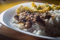 homemade food, rice dish, ground beef with olives and boiled pumpkin