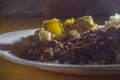 homemade food, rice dish, ground beef with olives and boiled pumpkin