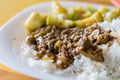 homemade food, rice dish, ground beef with olives and boiled pumpkin