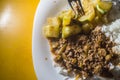 homemade food, rice dish, ground beef with olives and boiled pumpkin