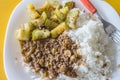 homemade food, rice dish, ground beef with olives and boiled pumpkin