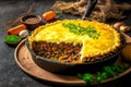 homemade food shepherds pie with vegetables, mushrooms, potatoes and meat under cheese crust