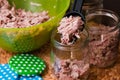 Homemade foreshank meat food in jars. Royalty Free Stock Photo