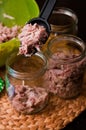 Homemade foreshank meat food in jars. Royalty Free Stock Photo