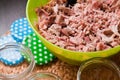 Homemade foreshank meat food in jars. Royalty Free Stock Photo