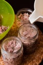 Homemade foreshank meat food in jars. Royalty Free Stock Photo