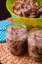 Homemade foreshank meat food in jars. Royalty Free Stock Photo